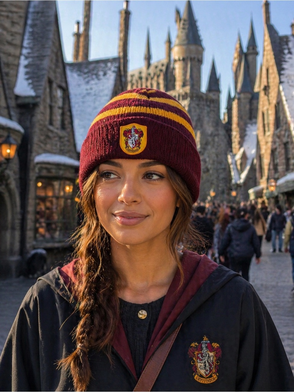Harry Potter Gryffindor Winter Beanie Hat Maroon Gold Striped Crest Toboggan OS